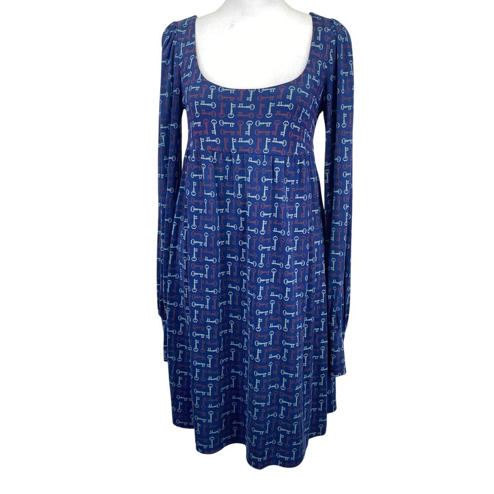 Juicy Couture Silk Babydoll Y2K Dress Sz S Blue Red Skeleton Key Empire Waist